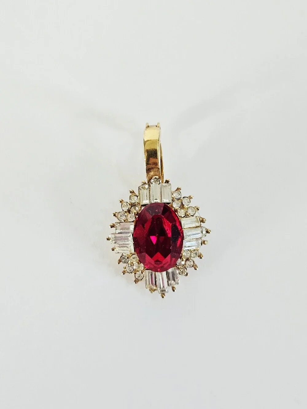 Vintage Red Rhinestone Baguette Cluster Ballerina Gold Tone Enhancer Pendant